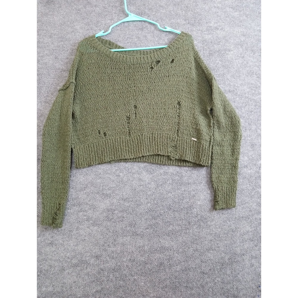 Hollister Olive Green Distressed Knit Cropped Sweater XS Casual Cute